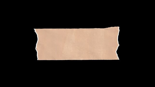Realistic masking tape or torn paper scrap animation on black background, perfect for scrapbook style transitions, photo framing, and vintage aesthetic overlays.
