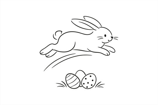 Playful easter bunny leaping over decorated eggs in simple line art