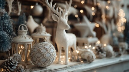 Fototapeta premium Festive winter arrangement with deer figurine, ornaments and fairy lights display