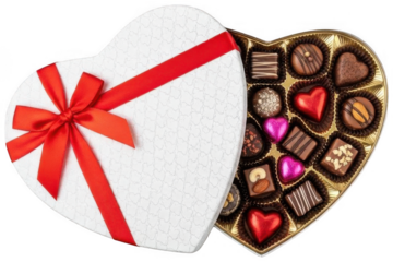 Valentine PNG, Open heart shaped white and red box of assorted luxury chocolates viewed from overhead for valentine's day or anniversary gift