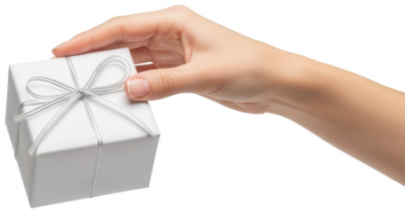 Valentine PNG, Female hand presenting white gift box with silver ribbon, close-up, isolated on transparent background