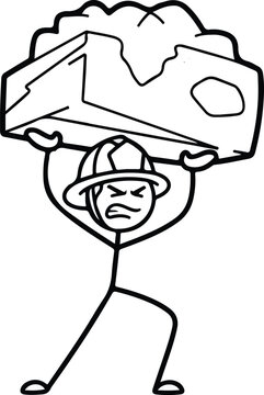 Stick figure struggling to lift heavy object overhead.