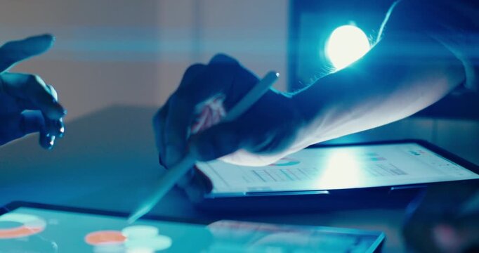 Closeup group Asian businesspeople work together discuss plan idea with data profit sale statistics in business meeting in office night. Financial generation z team brainstorm on e-Commerce project.