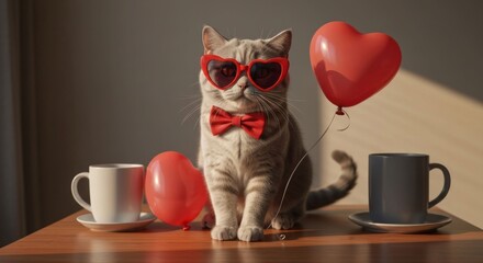 Dapper cat with heart glasses and balloons