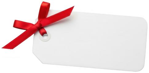 Valentine PNG, Blank white gift tag or price label with rounded corners featuring small decorative red ribbon bow cutout on transparent background