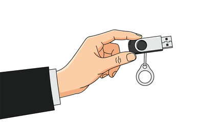 Fototapeta premium Hand in a business suit holds a silver and black usb flash drive keychain against a plain white background for data storage.