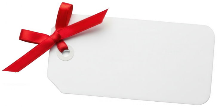 Valentine PNG, Blank white gift tag or price label with rounded corners featuring small decorative red ribbon bow cutout on transparent background - Powered by Adobe