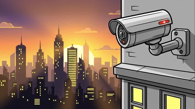 Security Camera Monitoring City Skyline at Sunset