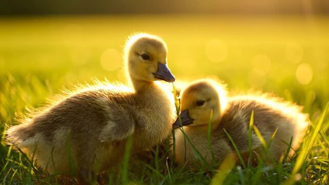 Two goslings standing together in a serene grassy field during sunrise
