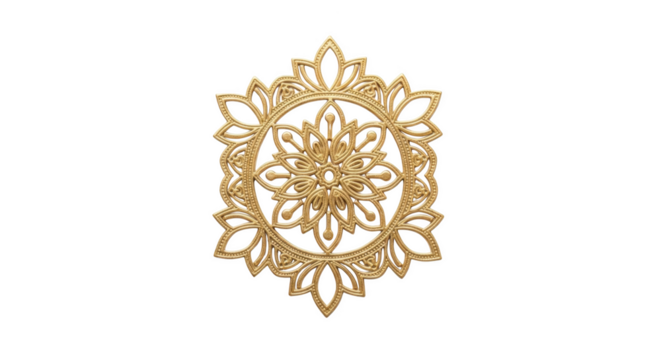 Ornate golden circular floral medallion with intricate patterns isolated on a transparent background - Powered by Adobe