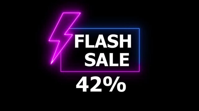 Neon text word letter isolated on black color for promotion sale and for clearance sale and for promote sale season. Glowing neon line of FLASH SALE 42% sign banner for promo video. online marketing.