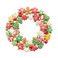 Christmas cookie wreath with gingerbread men candy canes trees and stars isolated on a transparent background