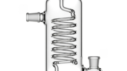 Clear glass laboratory condenser with internal coil and joint connectors isolated on a transparent background