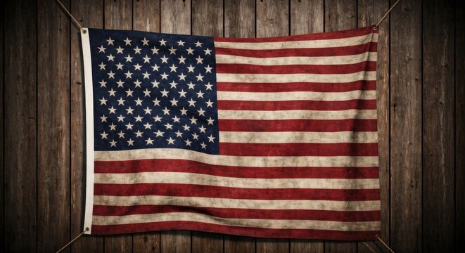Faded USA flag hung on rustic wood