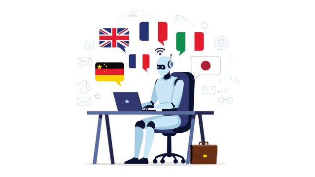 Smart white robot sitting at a desk and using a laptop computer while surrounded by icons of different national flags and messages.