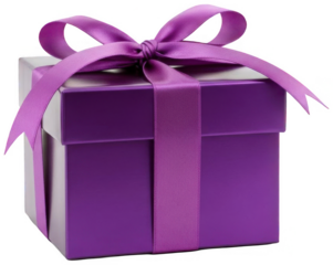Valentine PNG, Small square purple present box tied with wide satin ribbon and beautiful bow isolated on transparent background