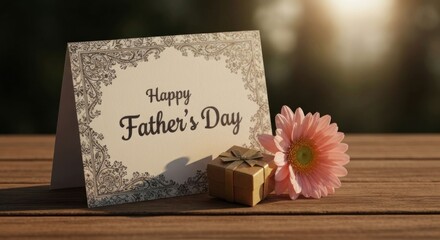 Father's Day card, gift, flower on wood