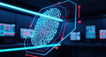 Fingerprint scan in hi-tech room, blue & red