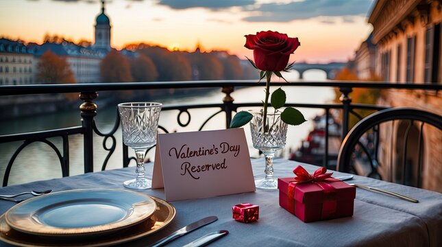 Romantic Valentine's Day Dinner Table Setting with Red Rose and Gift Boxes on Balcony at Sunset