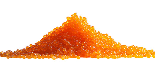 A centered still life a pile of orange caviar with a glossy texture and reflective surface isolated on a transparent background