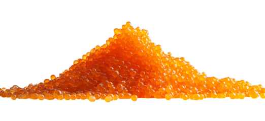 A centered still life a pile of orange caviar with a glossy texture and reflective surface isolated on a transparent background