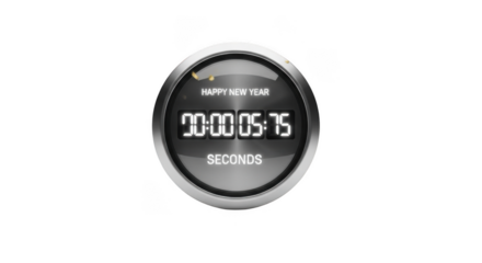 Digital countdown timer displaying happy new year with seconds remaining isolated on a transparent background