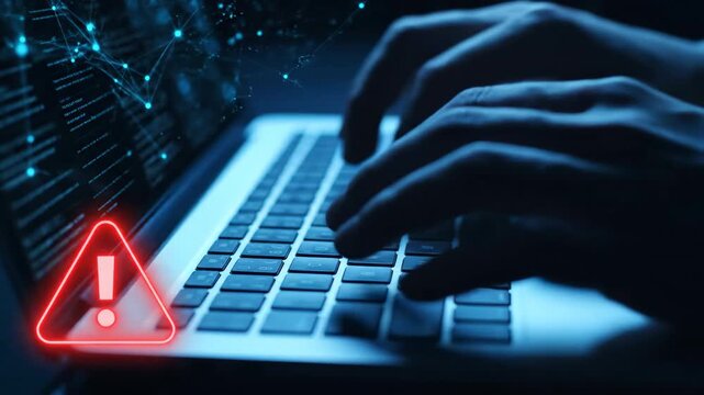 Close-up of hands typing on a laptop keyboard with a red warning sign and digital network overlay.