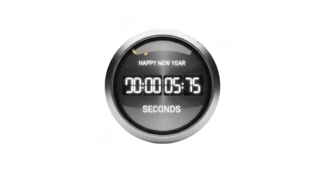 Digital countdown timer displaying happy new year with seconds remaining isolated on a transparent background - Powered by Adobe