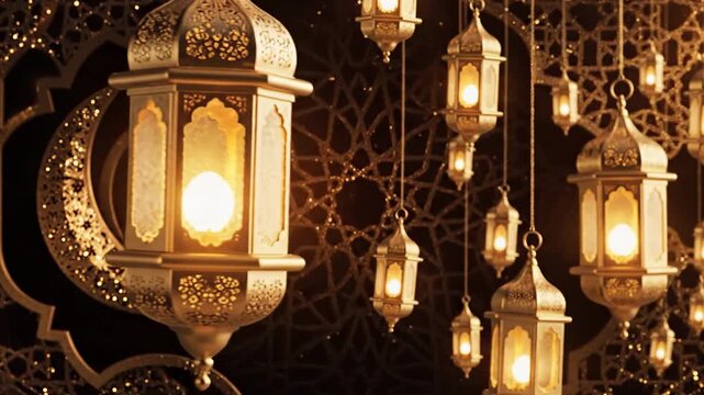 Golden lanterns illuminated against ornate background for celebratory concepts