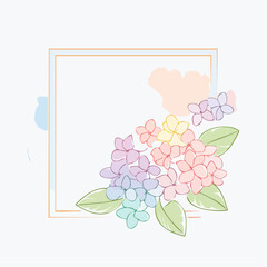 Soft Pastel Hydrangea Blooms In A Square Frame With Watercolor Accents And Green Leaves