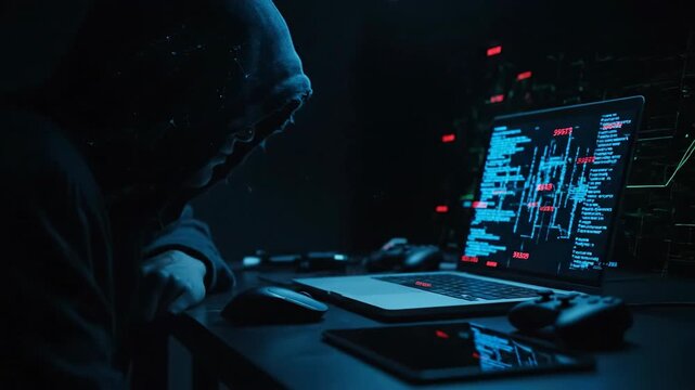 Hooded figure hacking computer with digital network background. Cybercrime and technology concept.