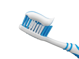 White toothbrush with blue bristles and white toothpaste blob isolated on a transparent background dental