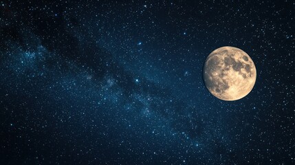Naklejka premium A full moon in a starry night sky with a milky way galaxy in the background.