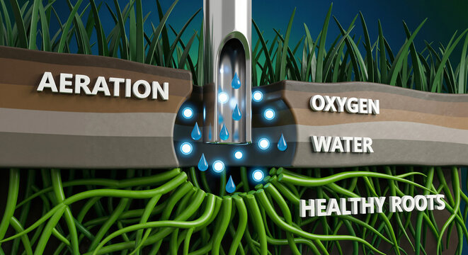 Cross-section diagram of lawn aeration process showing oxygen and water entering the soil to promote healthy root growth, 3D scientific landscape illustration.