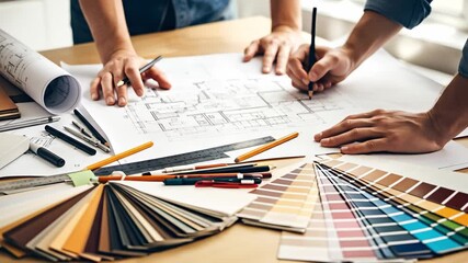 Collaborative Interior Design: Two Individuals Engaged in Planning and Sketching Architectural Blueprints with Color Samples and Design Tools on a Table