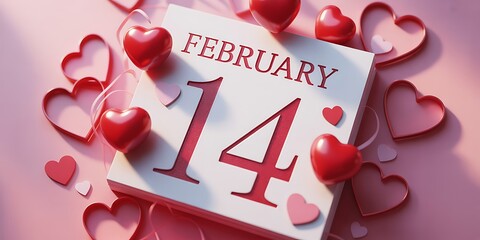 Valentines Day celebration with hearts and calendar on pink background