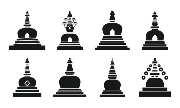 Set of Buddhist Stupa Icons and Chorten Silhouettes for Religious Design and Asian Heritage Architecture Projects