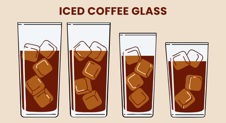Four different sized iced coffee glasses filled with dark brown liquid and large ice cubes illustrated on white background