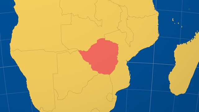 Zimbabwe on Globe. Animated zoom into the country in Ocean Blue Golden Yellow color palette. Zimbabwe logo animation. Map with meridians, parallels. Artistic video.