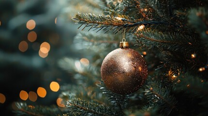 A golden Christmas ornament hanging from a tree branch with a blurred background of fairy lights.