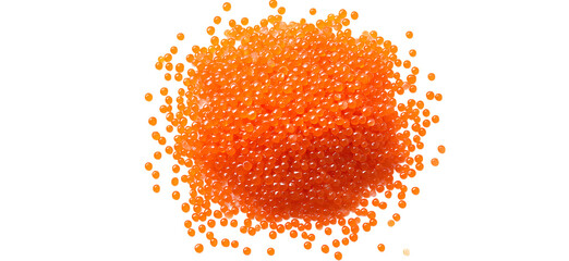 A dense cluster of bright orange caviar beads forming a rounded pile with scattered individual beads around it isolated on a transparent background