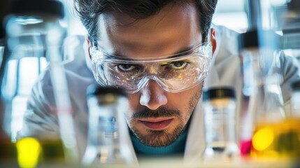 A man in a lab coat and safety goggles, examining a beaker filled with a yellow liquid.