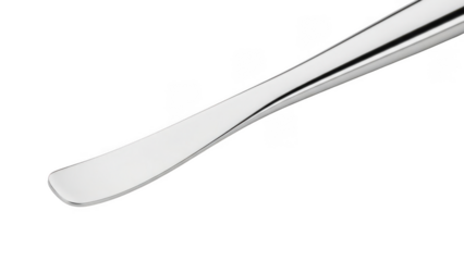 Polished metal whisk utensil with curved handle and rounded end isolated on a transparent background