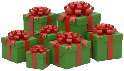 Valentine PNG, Group of christmas presents stack green boxes red bows isolated transparent background holiday celebration