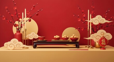 Lunar New Year still life, red, gold, & blooms