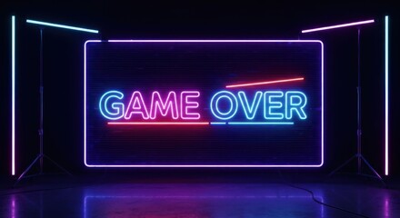 Neon "Game Over" sign, blue/pink, dark background