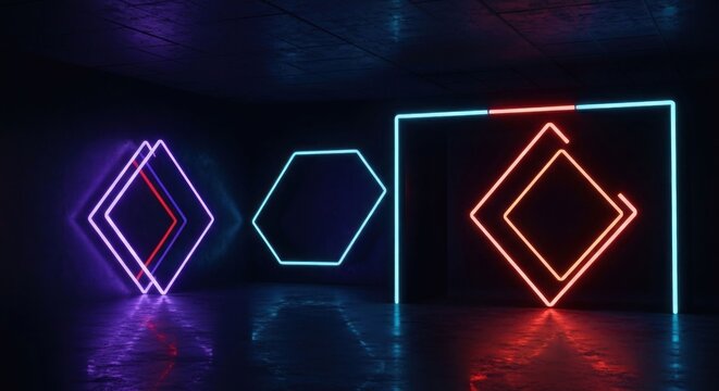 Neon geometric shapes glow in dark concrete space - Powered by Adobe