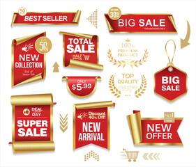 Price tags, red and gold ribbon banners. Sale promotion, website stickers, new offer badge collection isolated 