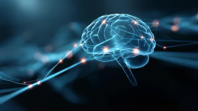 A glowing digital brain with interconnected neural pathways represents AI, neuroscience, and futuristic technology. Ideal for themes of innovation, intelligence, and scientific advancement