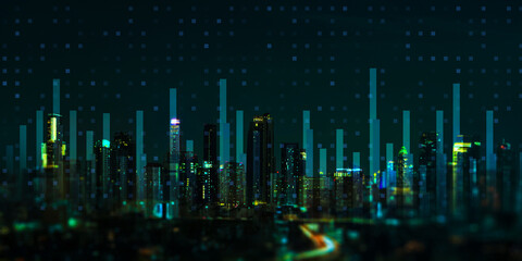 Global Market Trends and Financial Data Visualization Merging with Urban Smart City Landscape.